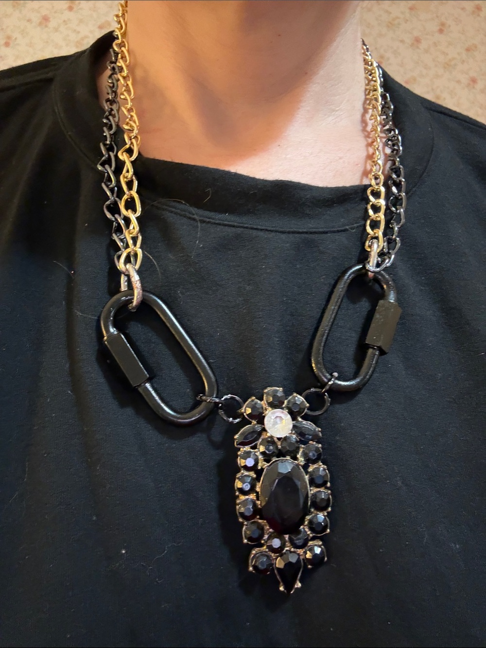 Hand-Crafted Black & Gold Statement Pendant & Carabiner Necklace - Women Jewelry